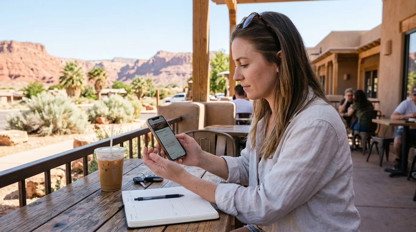 Woman on a cafe patio with red desert cliffs behind her, checking a booking calendar on her phone beside an iced coffee and notebook